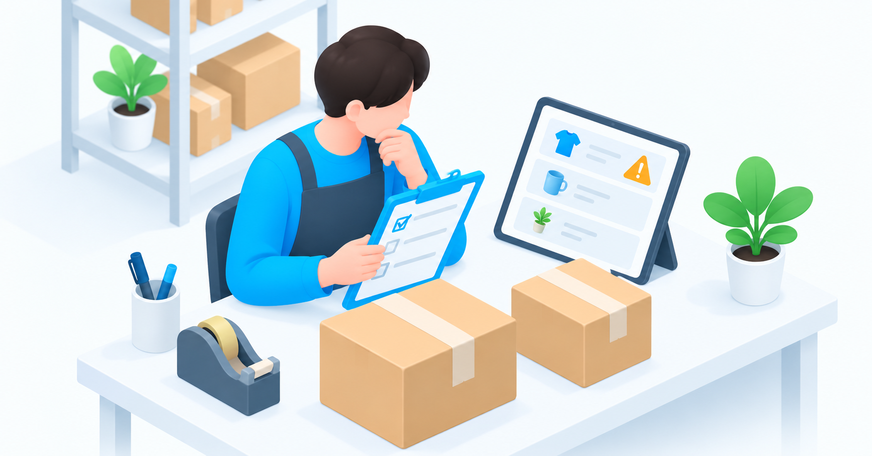 出荷前に注文の記録を確認し、梱包済みの商品を保留するネットショップ担当者のイラスト